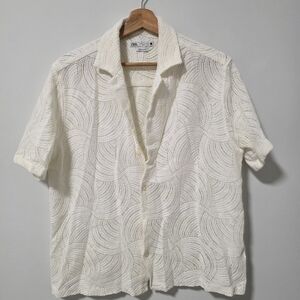 Zara Men's Cream Textured Short Sleeve Shirt